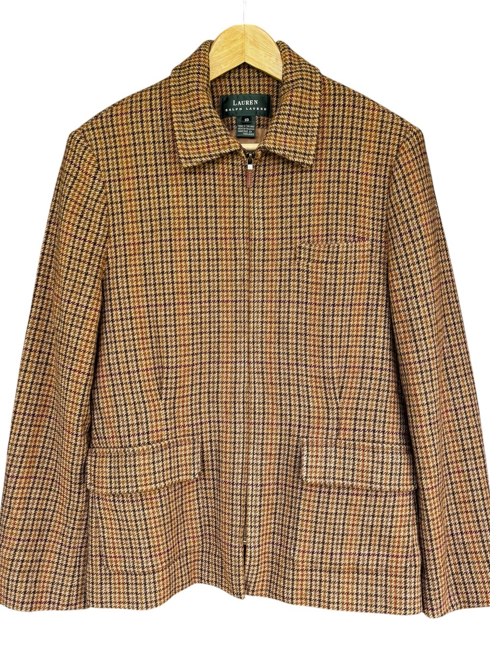 Lauren Ralph Lauren Jacket Womens 10 Brown Wool Houndstooth Academia Equestrian